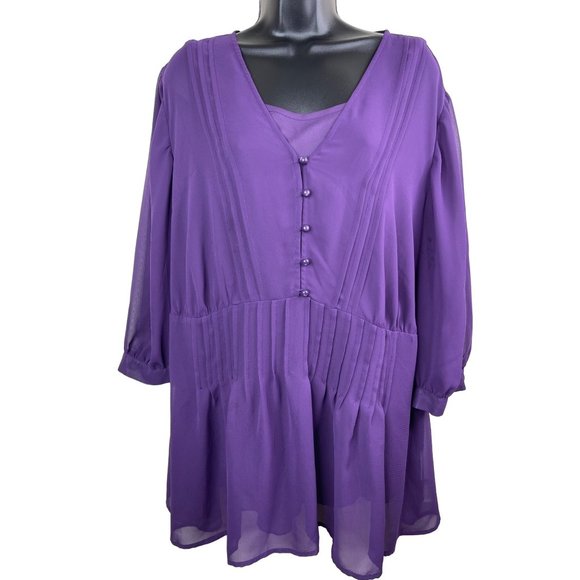 Covington Tops - Covington Blouse Womens Plus Size 20/22W 3/4 Sleeve Solid Purple Sheer Top Cami